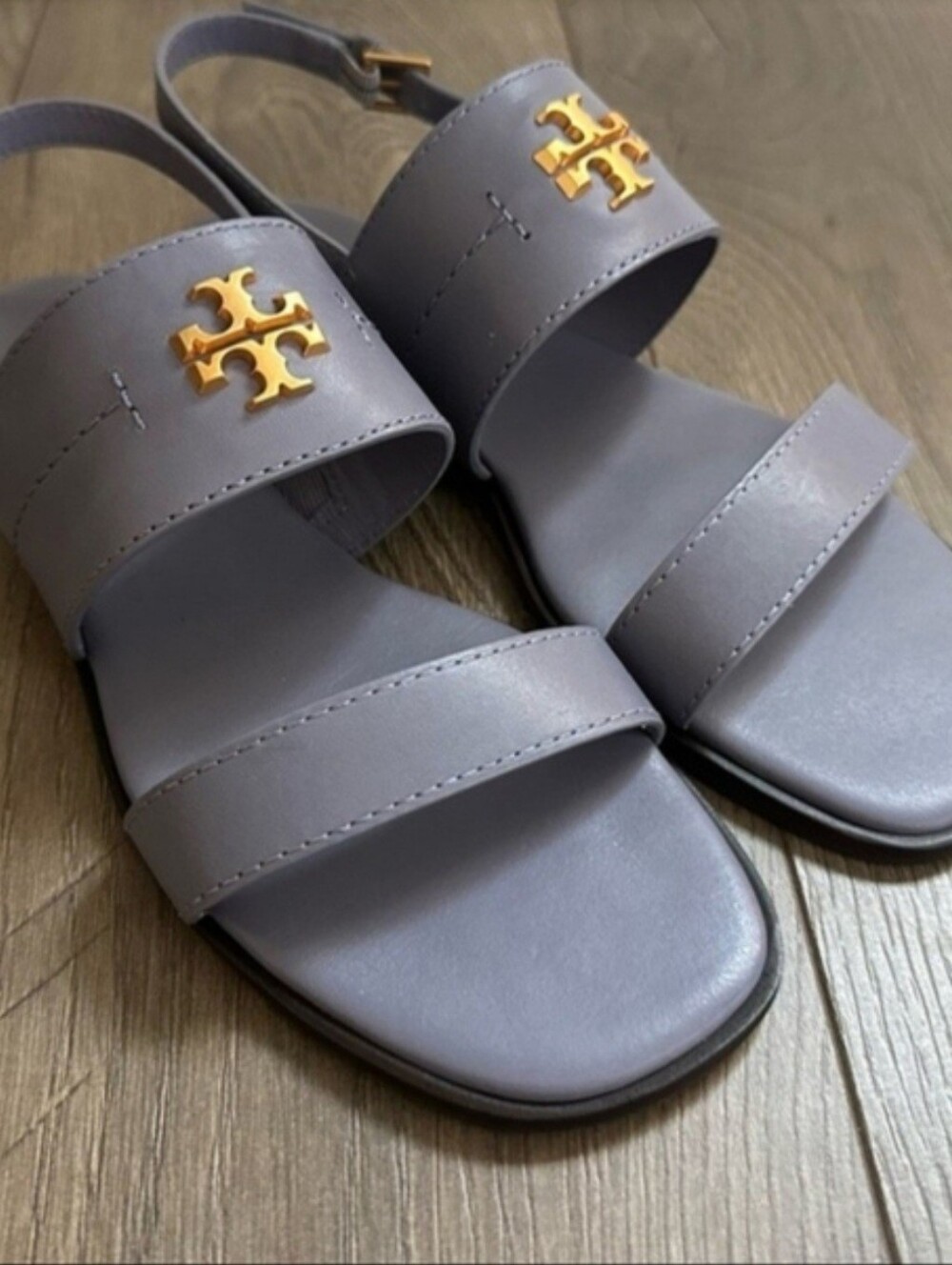 Tory Burch Lavender Gray Double-Strap Slingback Sandals with Gold Logo